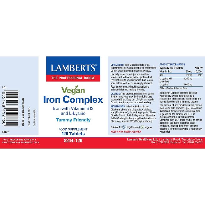 Lamberts Bio-Iron Complex (Vitamin B12 and L-Lysine) 120 Tablets #8244 - Up To 30% Off
