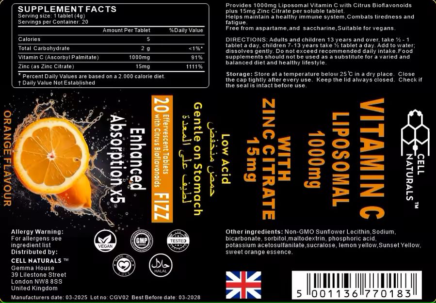 Cell Naturals Liposomal Vitamin C 1000mg Effervescent Tablets 20
