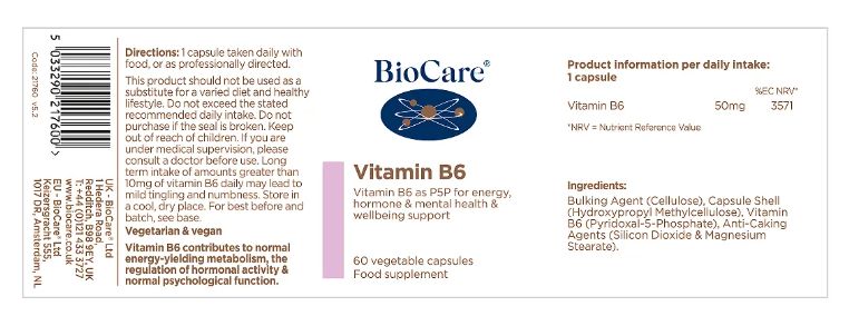 BioCare Vitamin B6 (Pyridoxal-5 phosphate 50mg) 60 Capsules # 21760