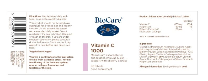 BioCare Vitamin C 1000mg (Magnesium Ascorbate Bilberry & Vitaflavan) # 30790
