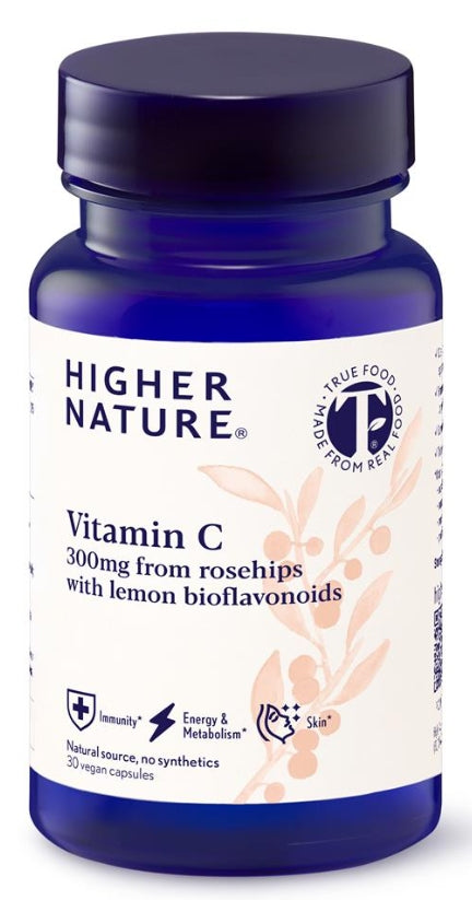 HIGHER NATURE Vitamin C 300mg rosehips with lemon bioflavonoids. 30 Capsules