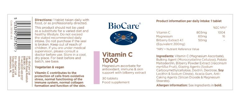 BioCare Vitamin C 1000mg (Magnesium Ascorbate Bilberry & Vitaflavan) 30 Capsules # 30730