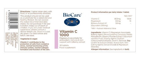 BioCare Vitamin C 1000mg (Magnesium Ascorbate Bilberry & Vitaflavan) 30 Capsules # 30730