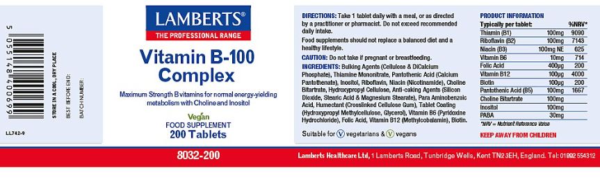 Lamberts Vitamin B-100 Complex ( 200 Tablets) # 8032
