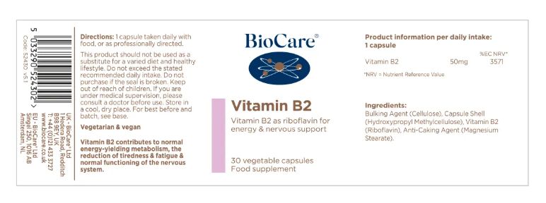 Biocare Vitamin B2 30 Capsules # 52430