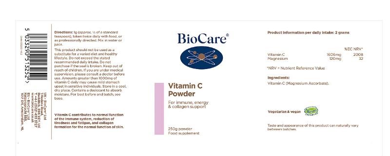 BioCare Vitamin C Powder (Magnesium Ascorbate Powder) Citrus Free 250g # 513250
