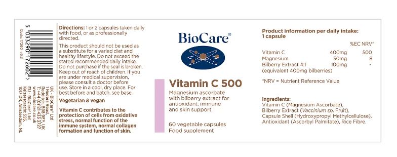 BioCare Vitamin C 500mg ( Magnesium Ascorbate & Bilberry) Citrus Free 60 Capsules # 17260