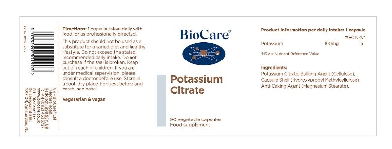 BioCare Potassium Citrate 277mg (100mg elemental potassium) 90 Capsules # 30190